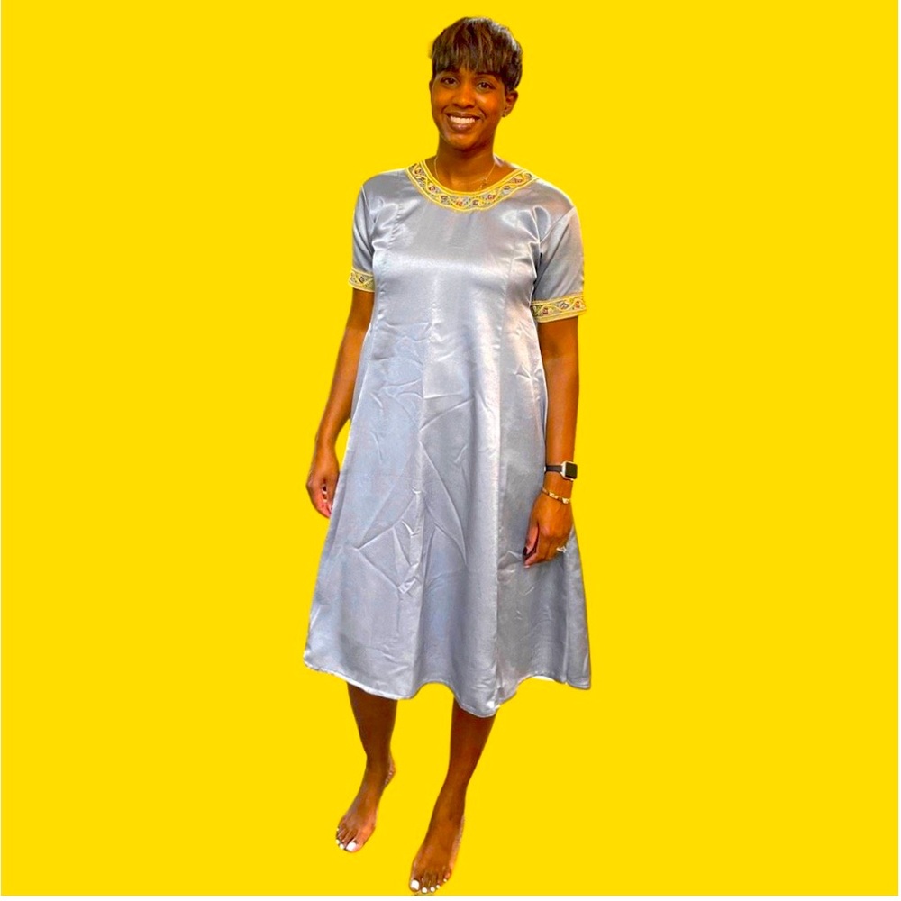 Size L Beautiful Grey/Blue Dress 3/4 Sleeve with Gold Appliqué Collar/Cuff Party